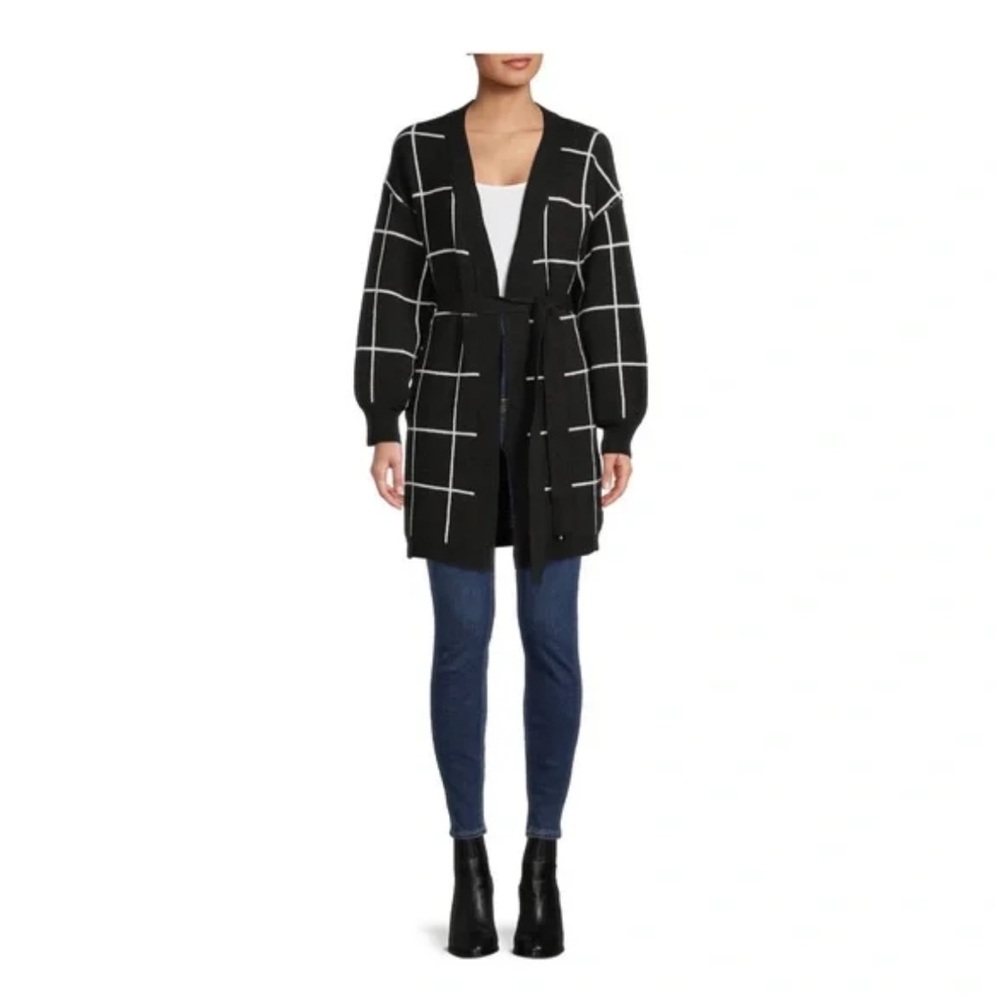 Women’s windowpane plaid knit coatigan sweater with tie detail